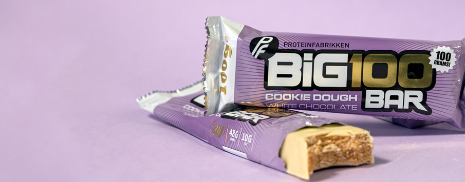 Proteinfabikken Big 100 Proteinbar -10%. Tilbudet gjelder til og med den 31. juli